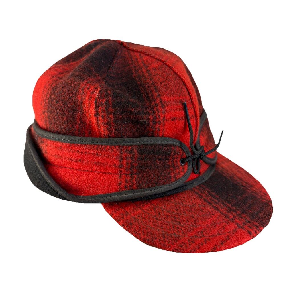 Stormy Kromer Wool Cap Hat 7 3/8  Red Black Buffalo Plaid Trapper Made in USA